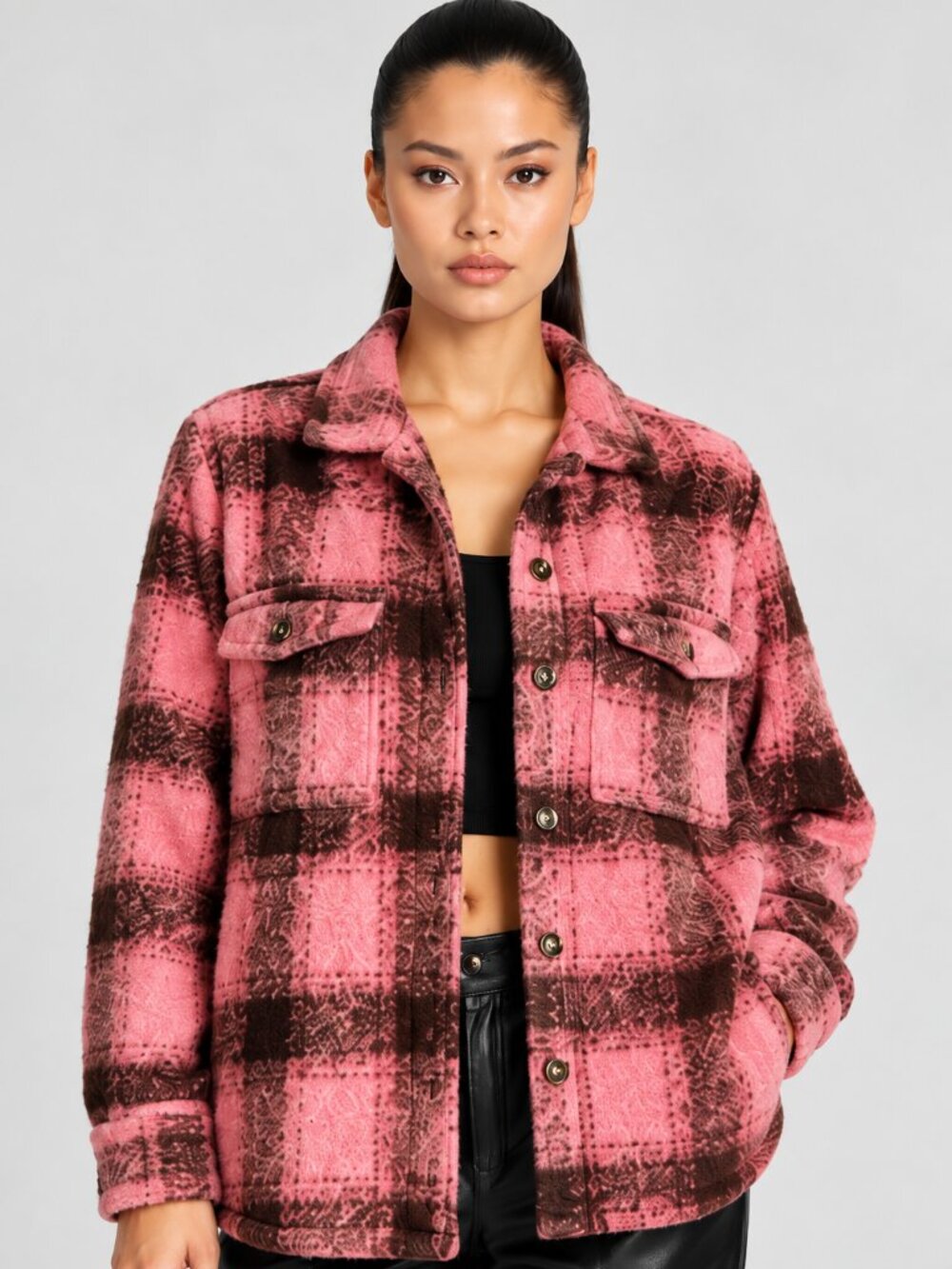 NWOT VICI On The Move plaid shacket in a pretty pink, brown and neutral plaid, w